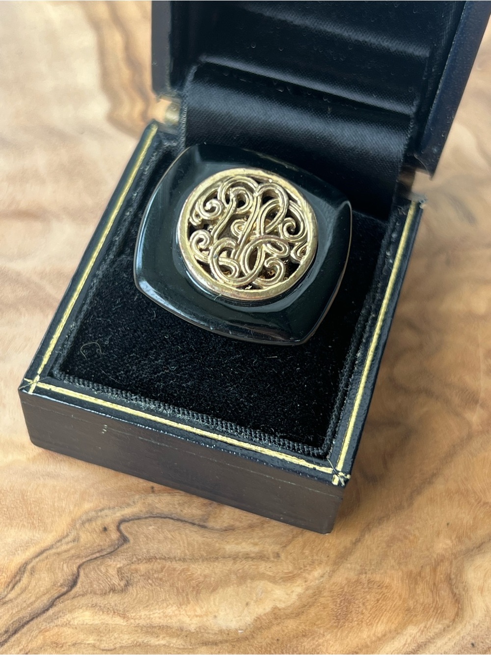 Vintage Monet Black Ring with Gold Filigree Medallion 1980s